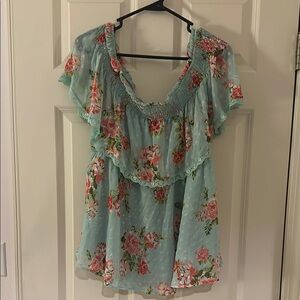 Off shoulder Floral Ruffle Top - mint green and Pink